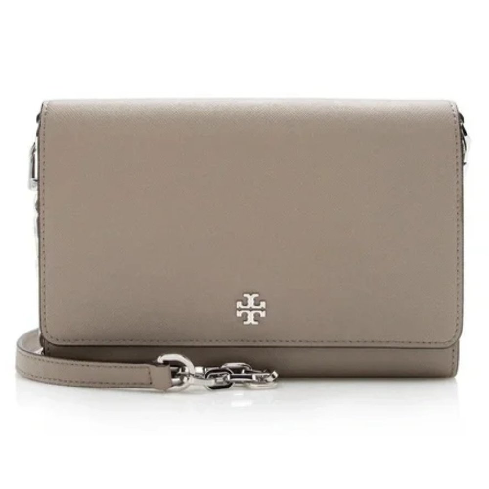 Tory Burch Robinson Saffiano Leather WOC, Crossbody Bag, Gray - Beige, Silver